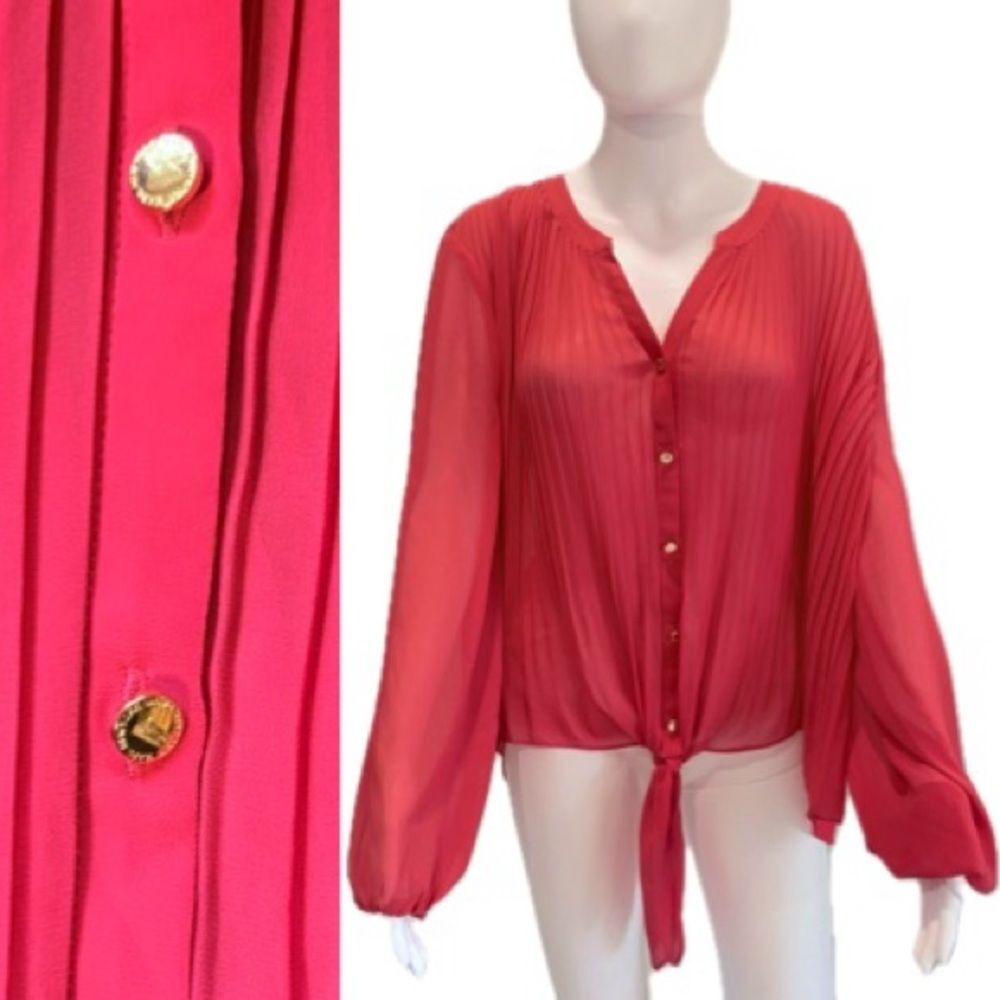 Marc New York Andrew Marc Sheer Pleated Tie Front Button Down Blouse Size XL